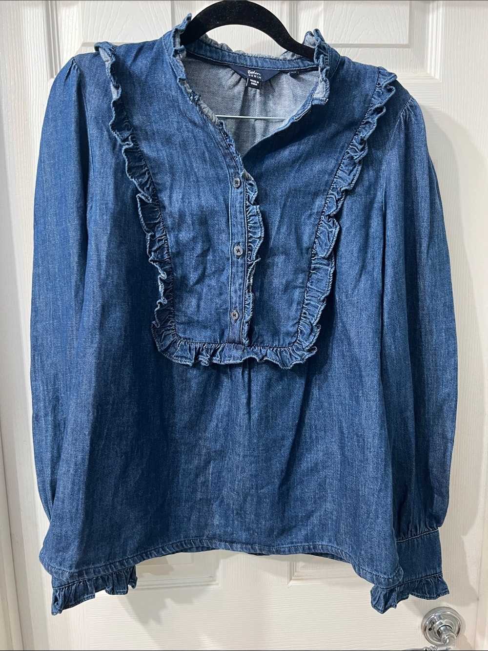 Boden Denim Chambray Ruffle Blouse Size US 6